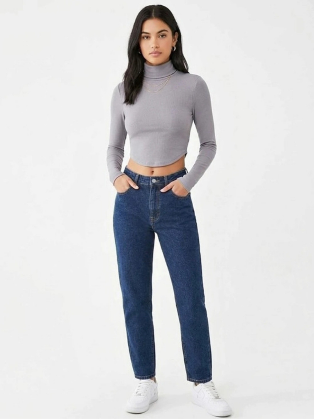 Forever 21 Gray Mock Neck Long Sleeve Cropped Ribbed Knit Top Basic XS